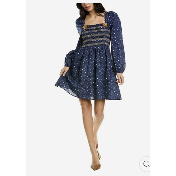 Figue Peony Kizzy Mini Dress Smocked Pom Pom Bandana Print Blue Small - Picture 3 of 13